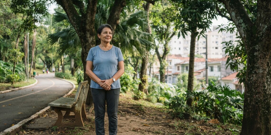 Mulher de 60 anos faz uma pausa durante a caminhada e observa as árvores em um parque urbano brasileiro.