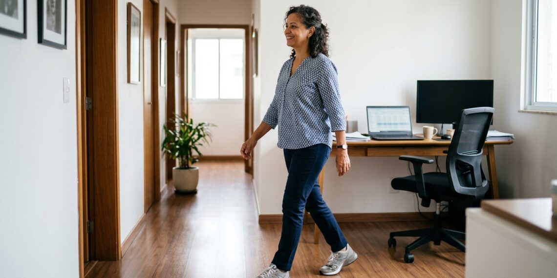 Mulher faz uma caminhada leve de poucos minutos para interromper o tempo sentada.