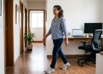Mulher faz uma caminhada leve de poucos minutos para interromper o tempo sentada.