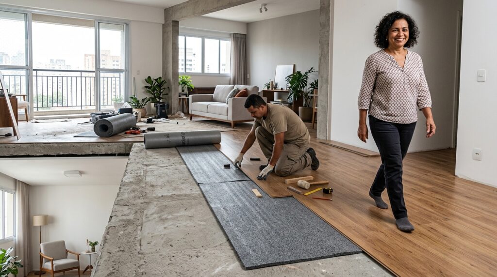 Manta acústica aparece entre o contrapiso e o piso flutuante de um apartamento.