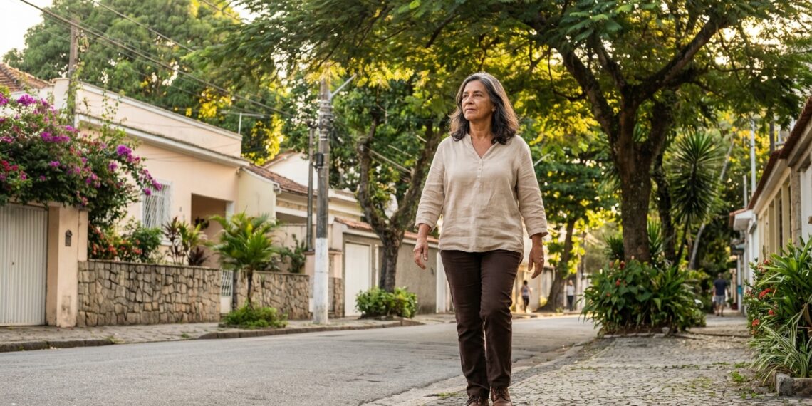 Mulher brasileira madura caminha sozinha por uma rua tranquila e arborizada, aproveitando um momento de liberdade e reflexão.