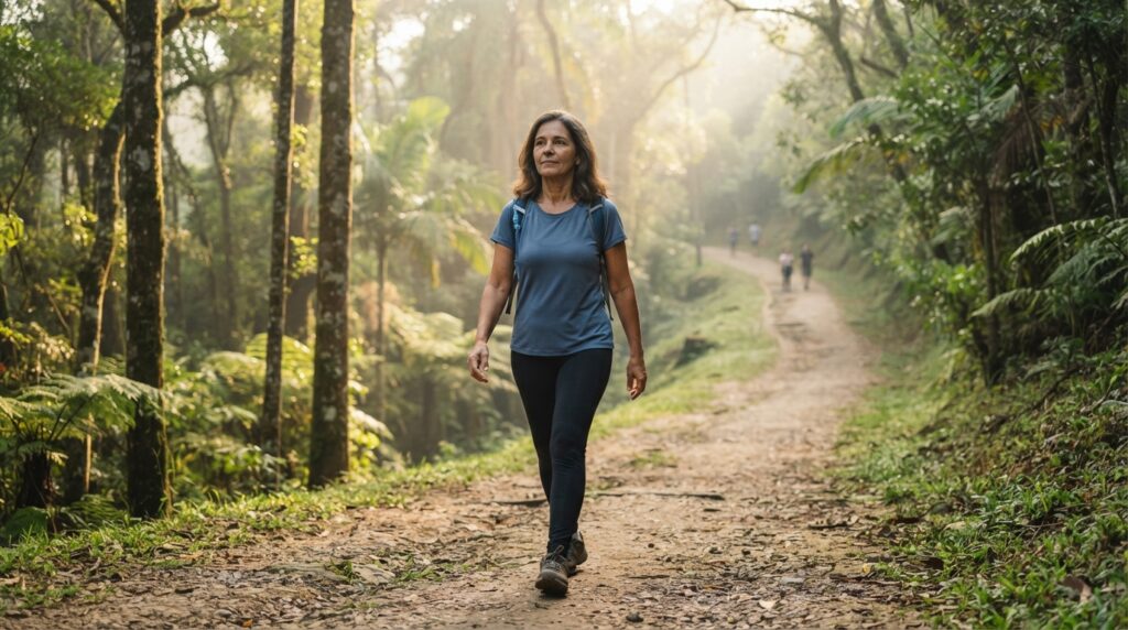 Mulher brasileira de aproximadamente 57 anos caminha tranquilamente por uma trilha arborizada, simbolizando paciência e progresso gradual.