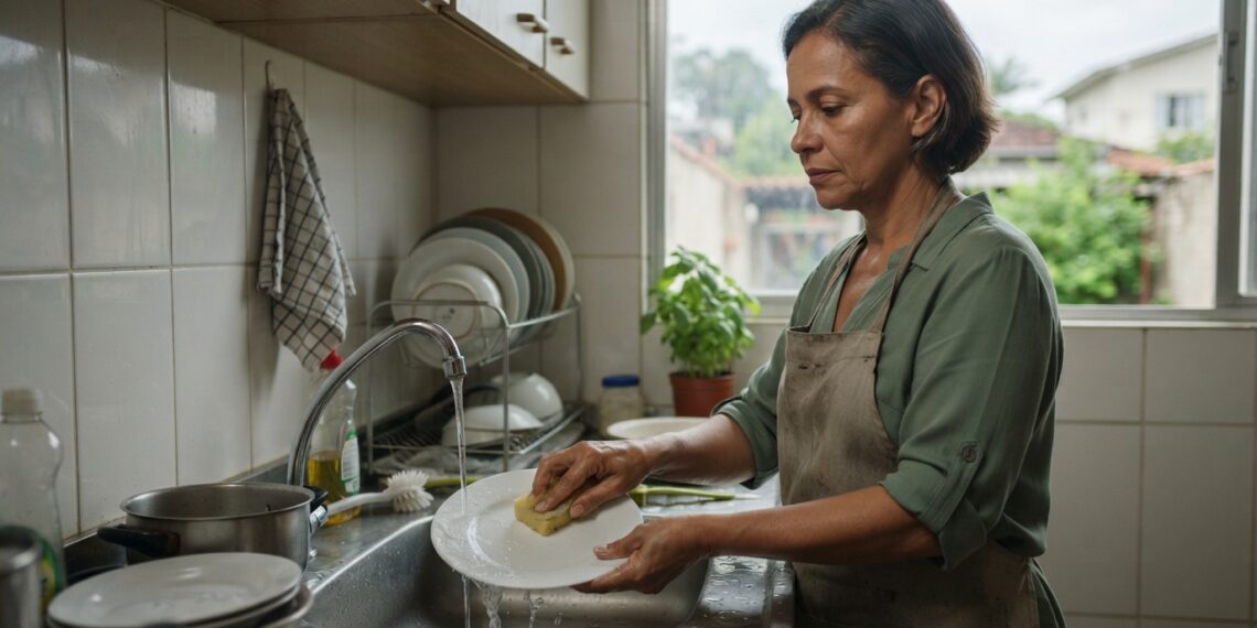 Mulher brasileira de aproximadamente 58 anos lava um prato na pia da cozinha com expressão introspectiva, enquanto outras louças estão organizadas no escorredor.
