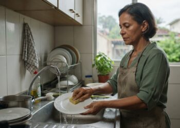 Mulher brasileira de aproximadamente 58 anos lava um prato na pia da cozinha com expressão introspectiva, enquanto outras louças estão organizadas no escorredor.