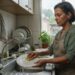 Mulher brasileira de aproximadamente 58 anos lava um prato na pia da cozinha com expressão introspectiva, enquanto outras louças estão organizadas no escorredor.