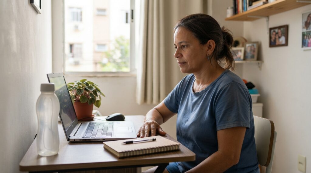 Mulher brasileira de aproximadamente 54 anos trabalhando no computador em casa, com uma garrafa de água quase cheia ao lado da mesa.
