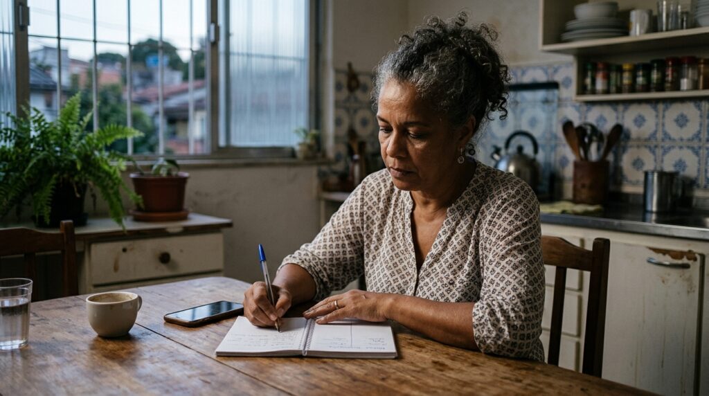 Mulher pausa diante de uma preocupação e separa fatos de interpretações em um caderno.