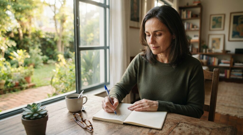 Mulher de aproximadamente 50 anos escreve em um caderno ao lado de uma janela iluminada, em um momento de reflexão sobre suas escolhas pessoais.