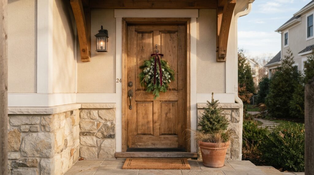 Porta de entrada decorada com guirlanda vertical de galhos naturais e fita para o fim de ano.