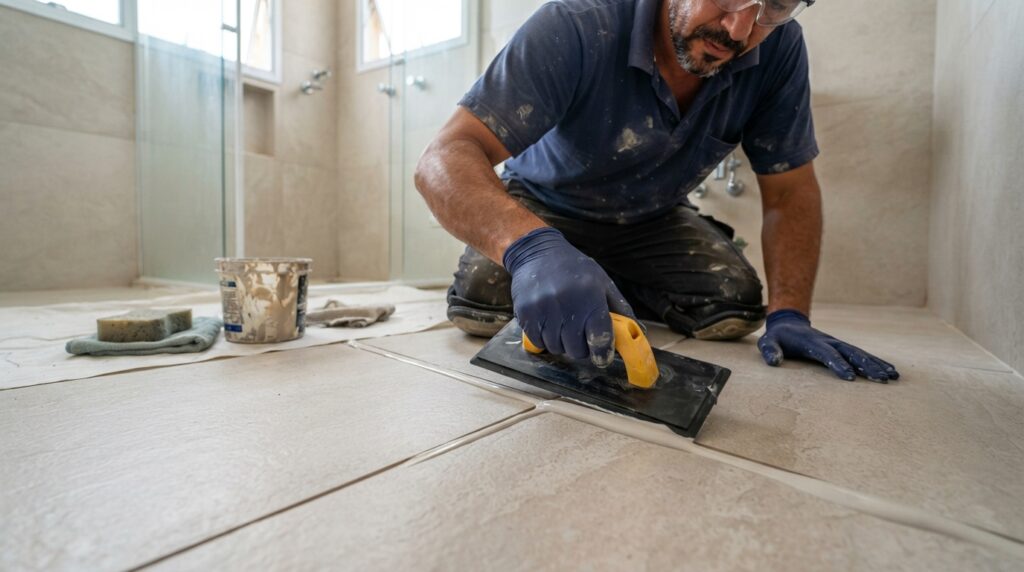 Profissional aplica rejunte epóxi cinza-claro entre placas de porcelanato com uma desempenadeira de borracha.