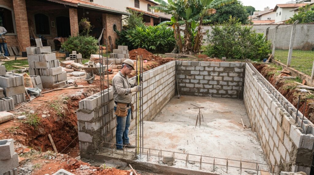 Piscina de alvenaria em construção, com paredes estruturais e terreno escavado em um quintal residencial.