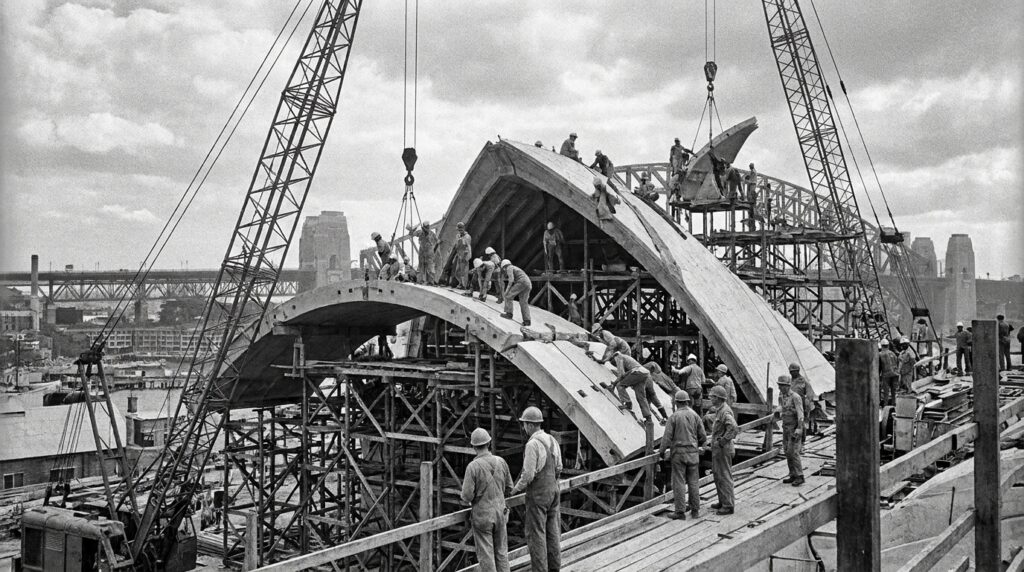 Estrutura de concreto e andaimes durante a construção das conchas da Ópera de Sydney.