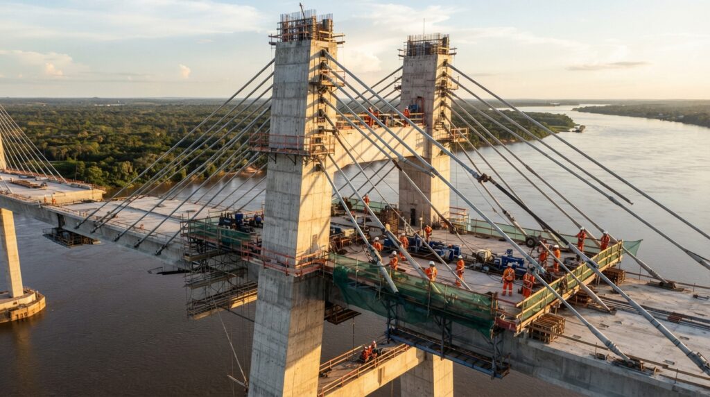 Representação de trabalhadores e equipamentos instalando cabos de aço em uma torre de concreto de uma ponte estaiada sobre o Rio Xingu.