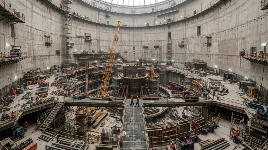 Interior ilustrativo de um edifício de contenção nuclear em construção, com paredes circulares de concreto, estruturas metálicas e equipes de engenharia.