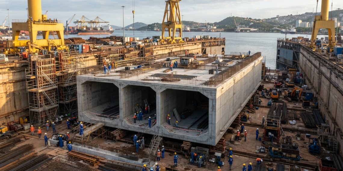 Representação de um enorme módulo retangular de concreto para túnel imerso em construção dentro de um dique seco, cercado por guindastes e trabalhadores.