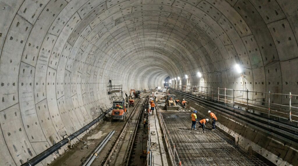 Interior bruto do túnel antes da instalação da rodovia e dos sistemas operacionais.