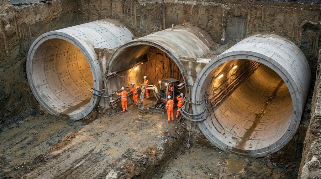 Equipamento de concreto projetado reveste as paredes de uma pequena galeria subterrânea entre túneis ferroviários.