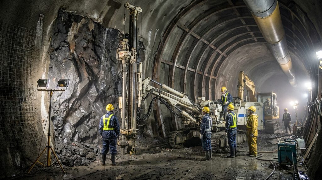 Trabalhadores e equipamentos durante a escavação de um túnel ferroviário em rocha sob o fundo do mar.