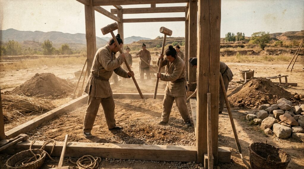 Trabalhadores da antiga China compactando camadas de terra para construir uma muralha defensiva.