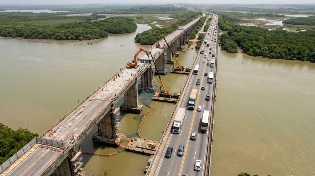 Duas pontes paralelas aparecem lado a lado, com uma em obras e a outra sustentando o tráfego da BR-135.