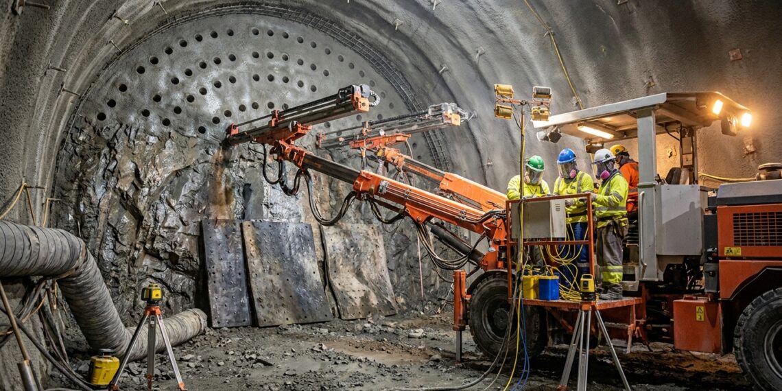 Perfuratriz prepara furos para uma detonação controlada na frente do túnel.