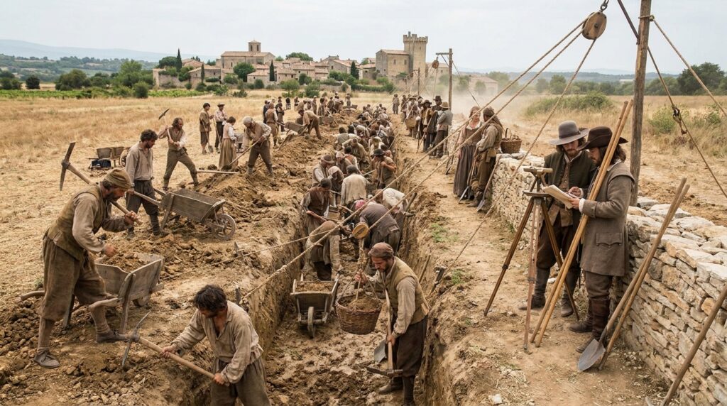 Trabalhadores do século XVII escavando um canal na França com ferramentas manuais e equipamentos da época.