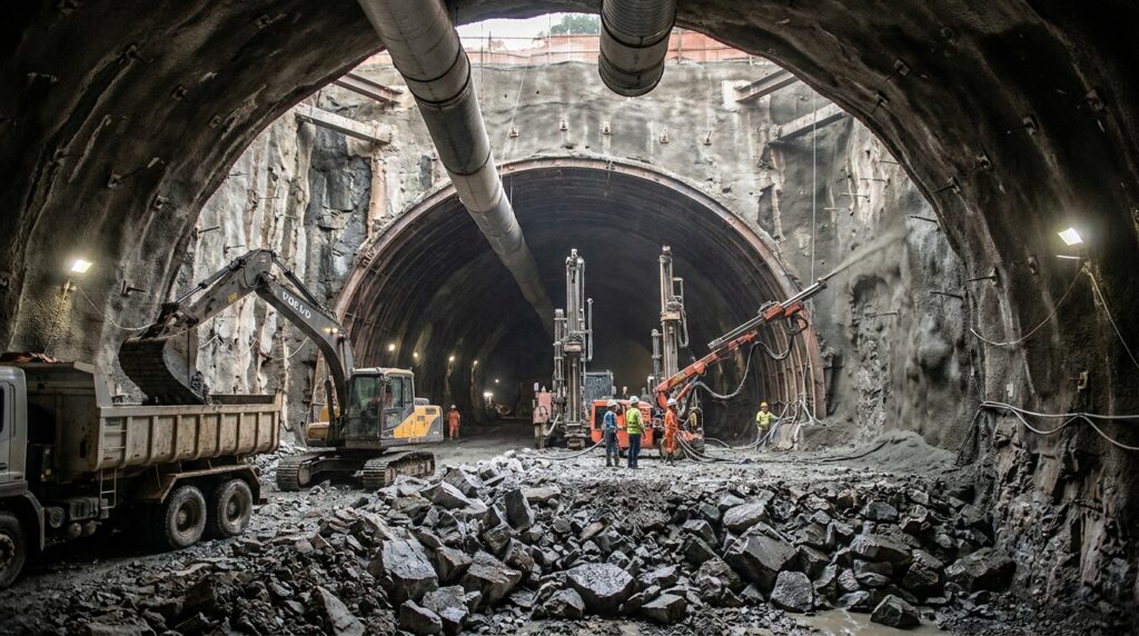 Grande seção do Túnel 101 é escavada com detonação controlada e reforçada com concreto projetado.