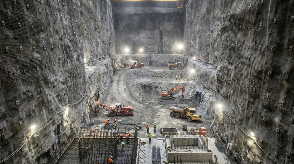 Grande caverna subterrânea do Snowy 2.0 recebe escavação e suporte estrutural.