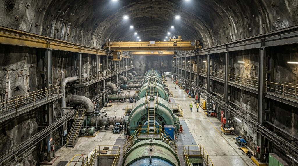 Grande caverna subterrânea abriga seis grupos geradores da Usina Henry Borden dentro da Serra do Mar.