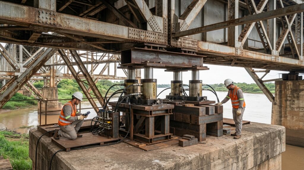 Macacos hidráulicos industriais e blocos de apoio de aço sustentam vigas de uma ponte metálica durante uma operação de elevação.