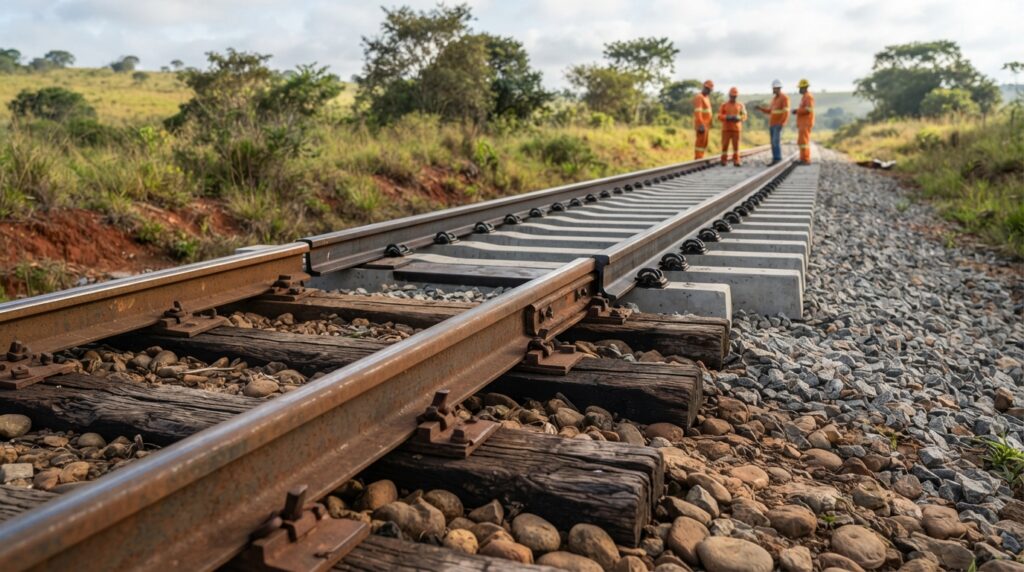 Comparação visual entre um trecho ferroviário com dormentes antigos de madeira e outro com dormentes novos de concreto e trilhos renovados.