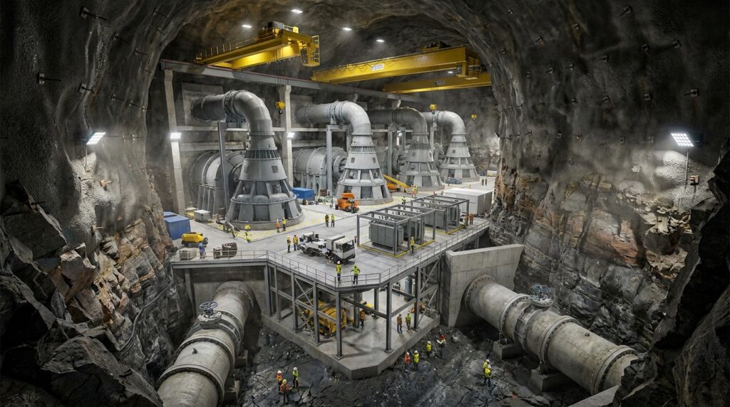 Grande caverna subterrânea abriga turbinas reversíveis centenas de metros abaixo da montanha.