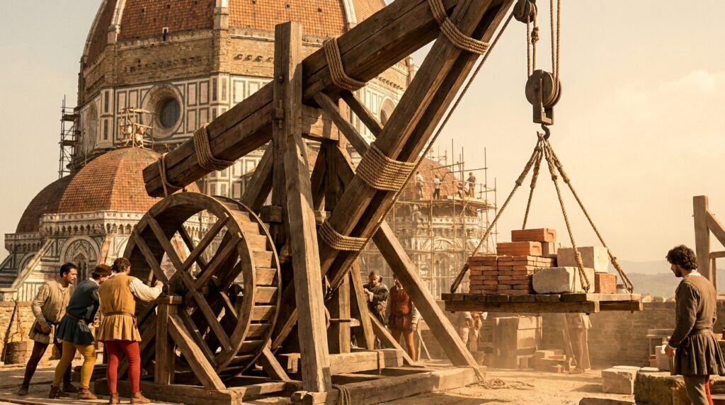 Reconstrução de um guindaste de madeira renascentista usado para elevar materiais durante a construção da cúpula de Florença.