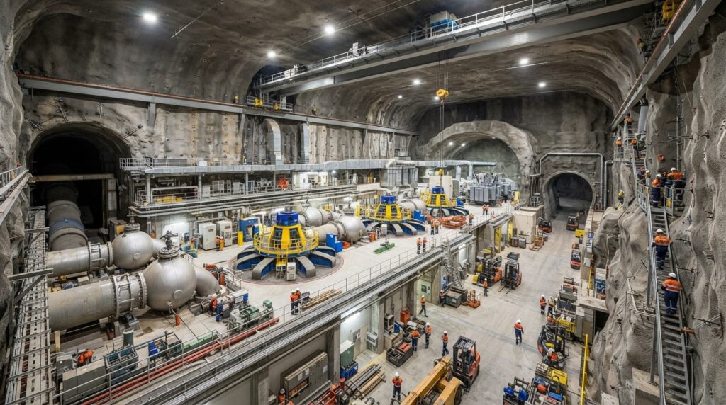 Caverna subterrânea abriga grandes conjuntos reversíveis de bombeamento e geração.