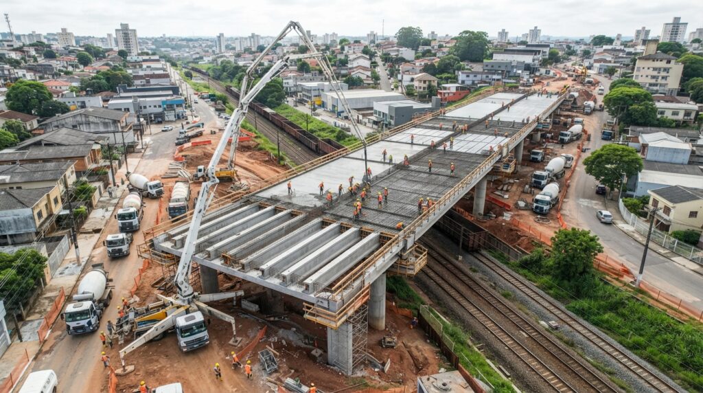 Vista aérea ilustrativa da concretagem de um viaduto entre Curitiba e Pinhais, com bombas-lança, caminhões-betoneira, vigas de concreto e trabalhadores sobre o tabuleiro.