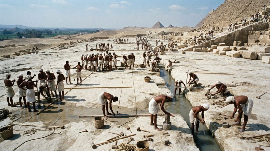 Tríptico ilustrativo da construção da Grande Pirâmide de Gizé, mostrando a preparação da fundação, o transporte de blocos de calcário e a elevação da estrutura.