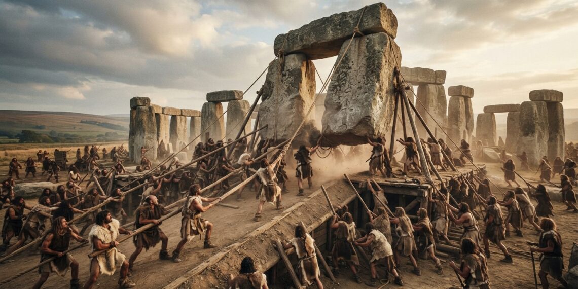ilustrativa de trabalhadores neolíticos utilizando rampas e alavancas para erguer um grande bloco de pedra em Stonehenge.