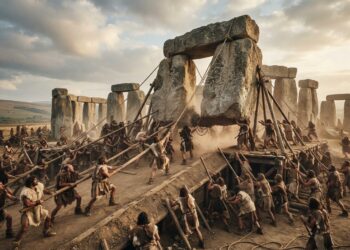 ilustrativa de trabalhadores neolíticos utilizando rampas e alavancas para erguer um grande bloco de pedra em Stonehenge.