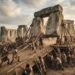 ilustrativa de trabalhadores neolíticos utilizando rampas e alavancas para erguer um grande bloco de pedra em Stonehenge.