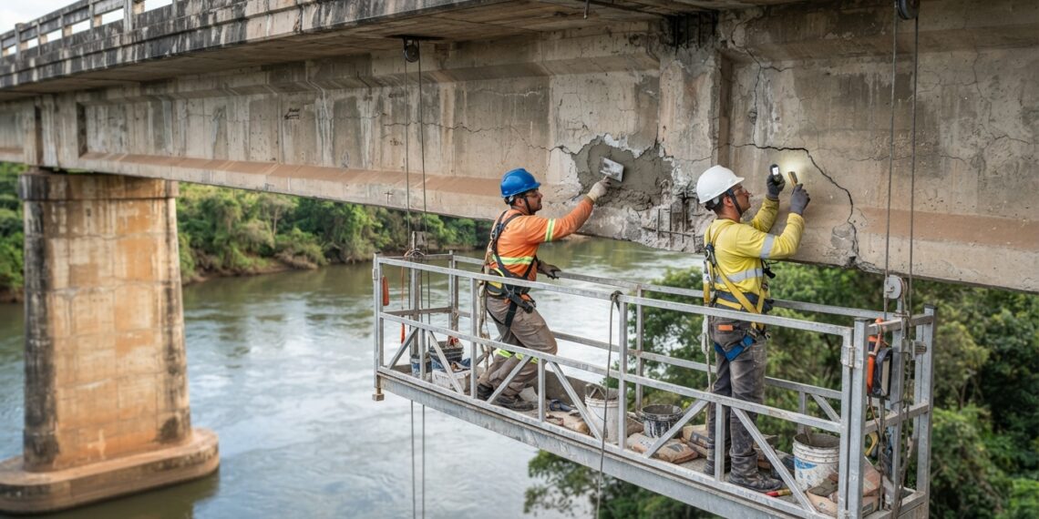 Técnicos realizam reparos localizados em uma viga de concreto sob uma ponte rodoviária sobre o Rio Doce.