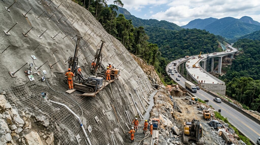 Encosta da Serra das Araras recebe tirantes, drenagem e contenção ao lado da nova pista.