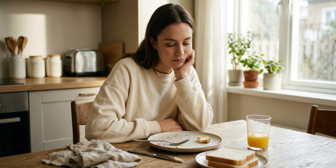 Pessoa sente fome poucas horas depois do café da manhã, diante de um prato quase vazio.