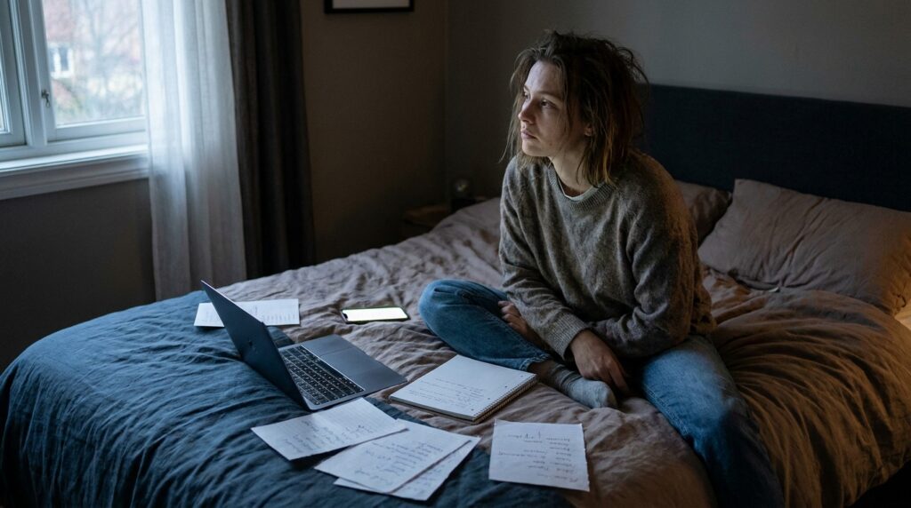 Pessoa cansada sentada na cama ao lado de um notebook e de um celular, sem conseguir relaxar após o trabalho.