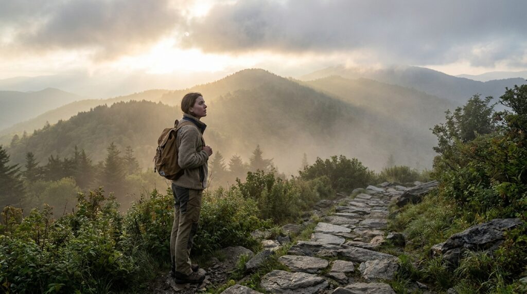 Pessoa diante do início de uma trilha de pedra em uma paisagem montanhosa ao amanhecer.