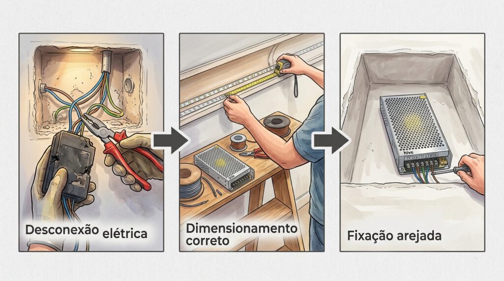 A fita de LED da sanca de gesso fica piscando fraco ou perdeu a força? A fonte de alimentação (driver) está superaquecendo
