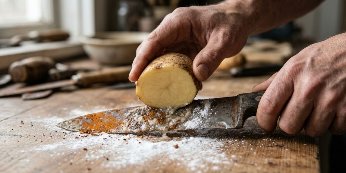 O truque da batata crua com bicarbonato que remove a ferrugem de facas sem arranhar