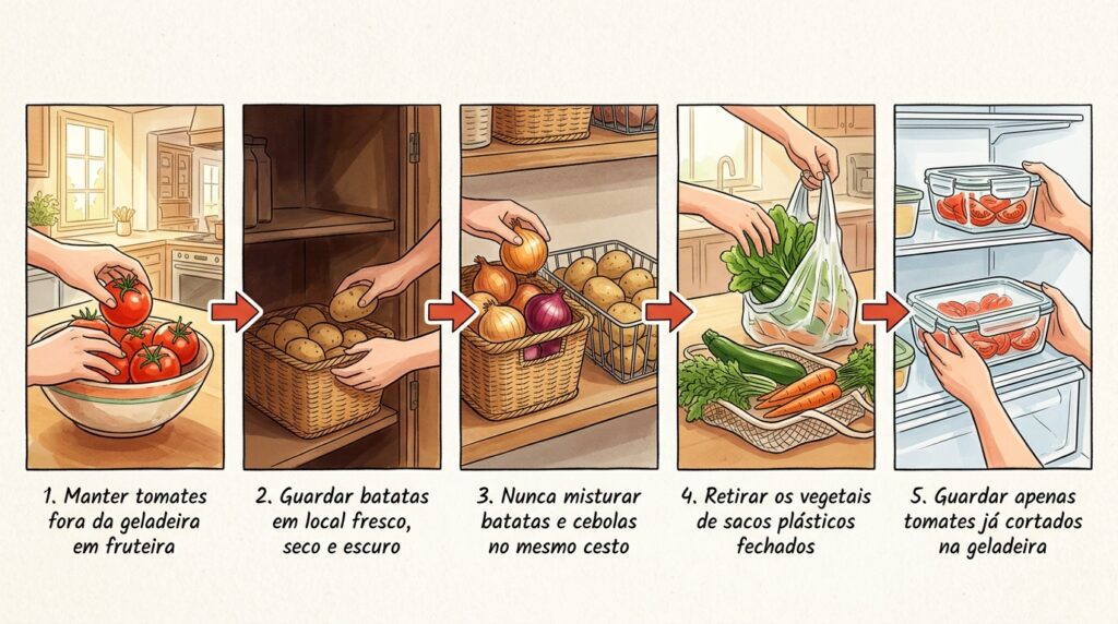 O erro ao guardar tomates e batatas na geladeira que estraga o sabor e a textura em dias