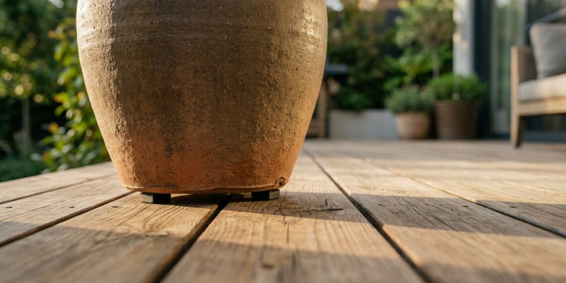 O deck de madeira da varanda começou a apodrecer exatamente embaixo dos vasos de plantas grandes? A umidade presa sem circulação destrói o piso