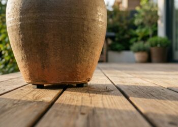 O deck de madeira da varanda começou a apodrecer exatamente embaixo dos vasos de plantas grandes? A umidade presa sem circulação destrói o piso