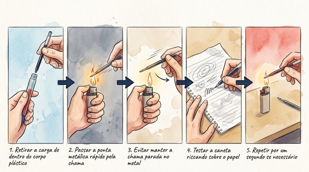 A tinta da caneta esferográfica ainda está cheia, mas recusa-se a escrever no papel? A pequena esfera de tungstênio está cimentada no metal
